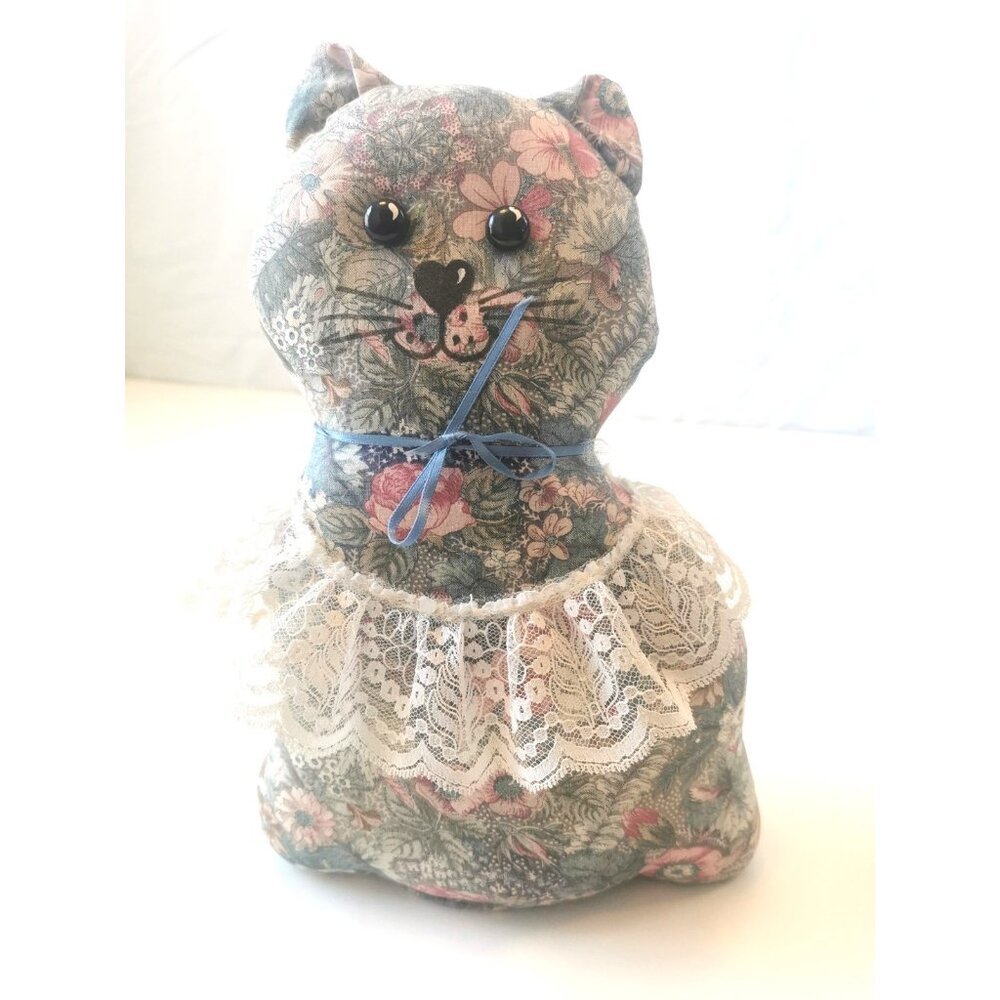 Vintage Quilted Kitty Cat Door Stop Hand Made Folk Art Weighted Large Mid Centur